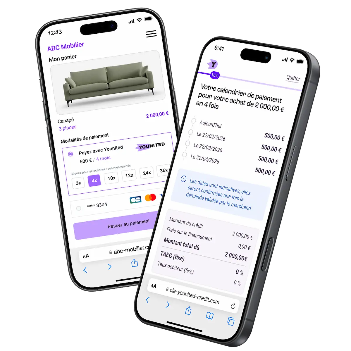 Ecrans de smartphone avec le paiement en plusieurs fois Younited