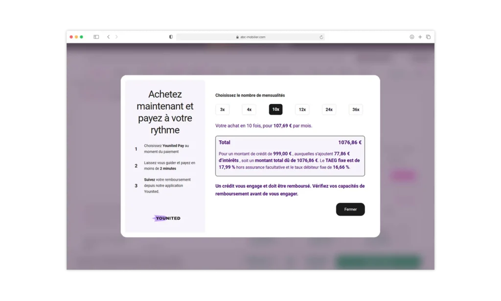 Widget de paiement en plusieurs fois Younited sur un site e-commerce